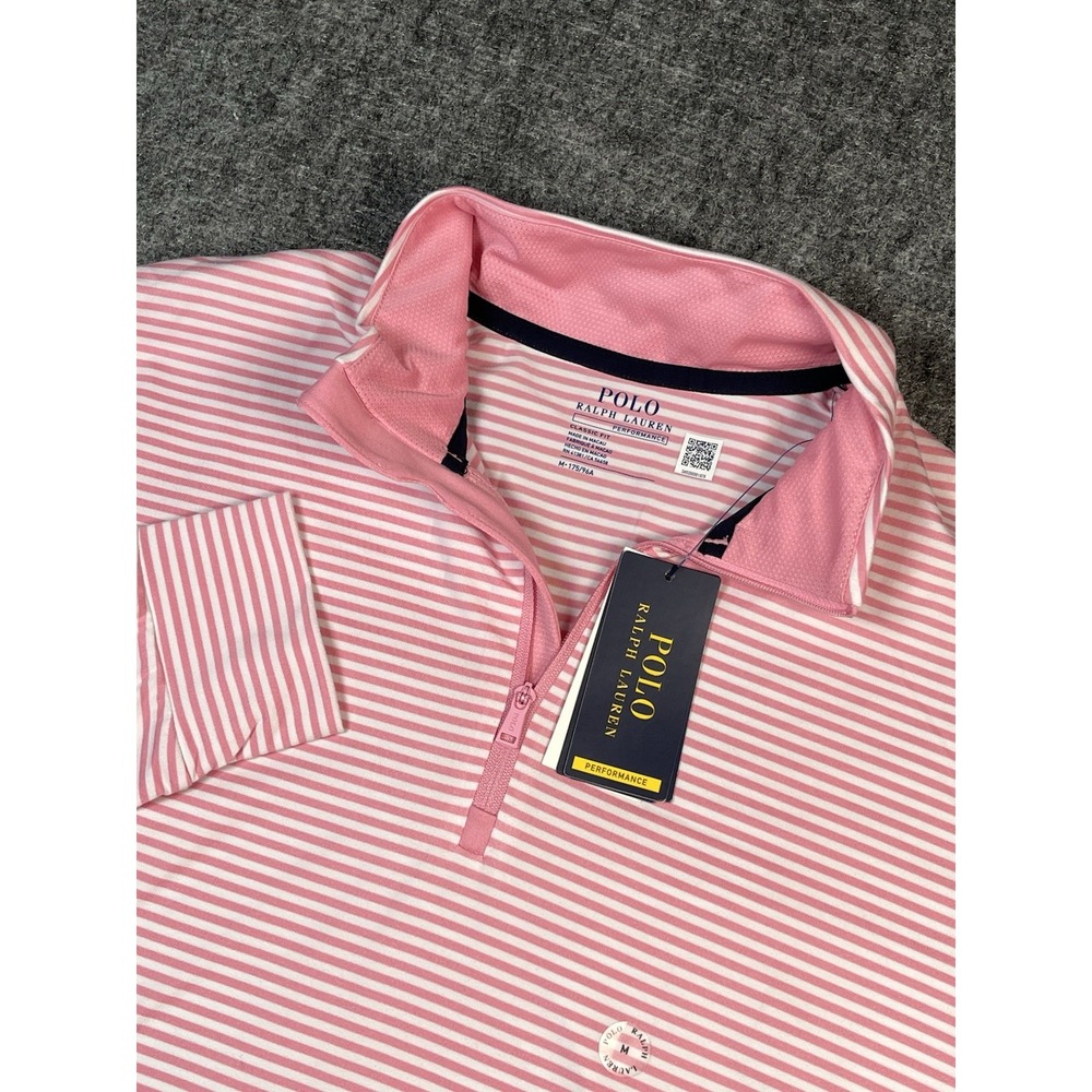 Polo Sport Ralph Lauren Quarter Zip Men Medium Pink White Striped Pullover NWT